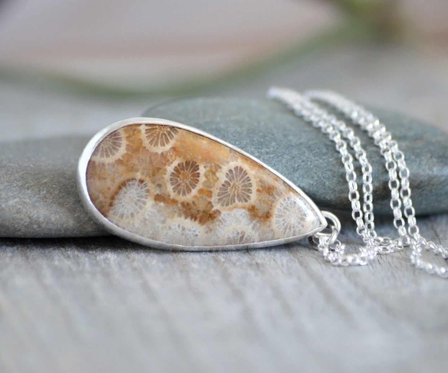 Teardrop Fossilized Coral Necklace, Fossil Coral Necklace, Golden Fossil Coral Necklace