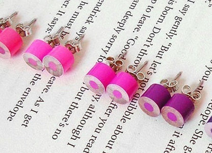 Colour Pencil Stud Earrings, Pink Pencil Ear Posts, Purple Pencil Ear Studs