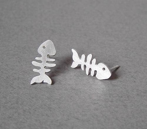 Fishbone Stud Earrings in Sterling Silver, Silver Fishbone Ear Posts