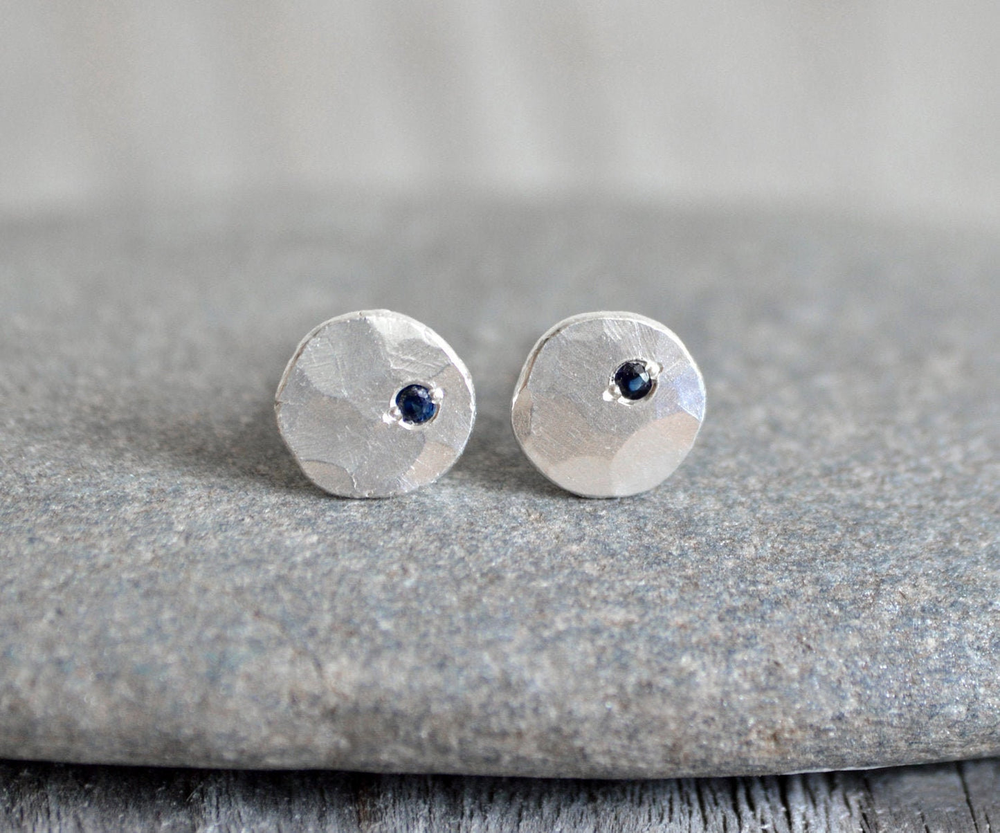 Rustic Stud Earrings with Sapphires, Small Sapphires Ear Posts
