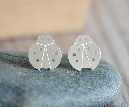 Ladybird Stud Earrings in Sterling Silver, Silver Ladybug Ear Posts