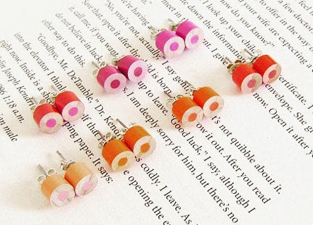 Colour Pencil Stud Earrings, Orange Stud Earrings, Red Stud Earrings, Wooden Pencil Ear Posts