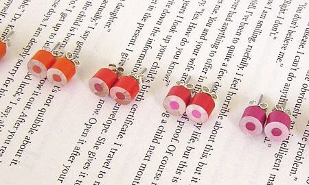 Colour Pencil Stud Earrings, Orange Stud Earrings, Red Stud Earrings, Wooden Pencil Ear Posts