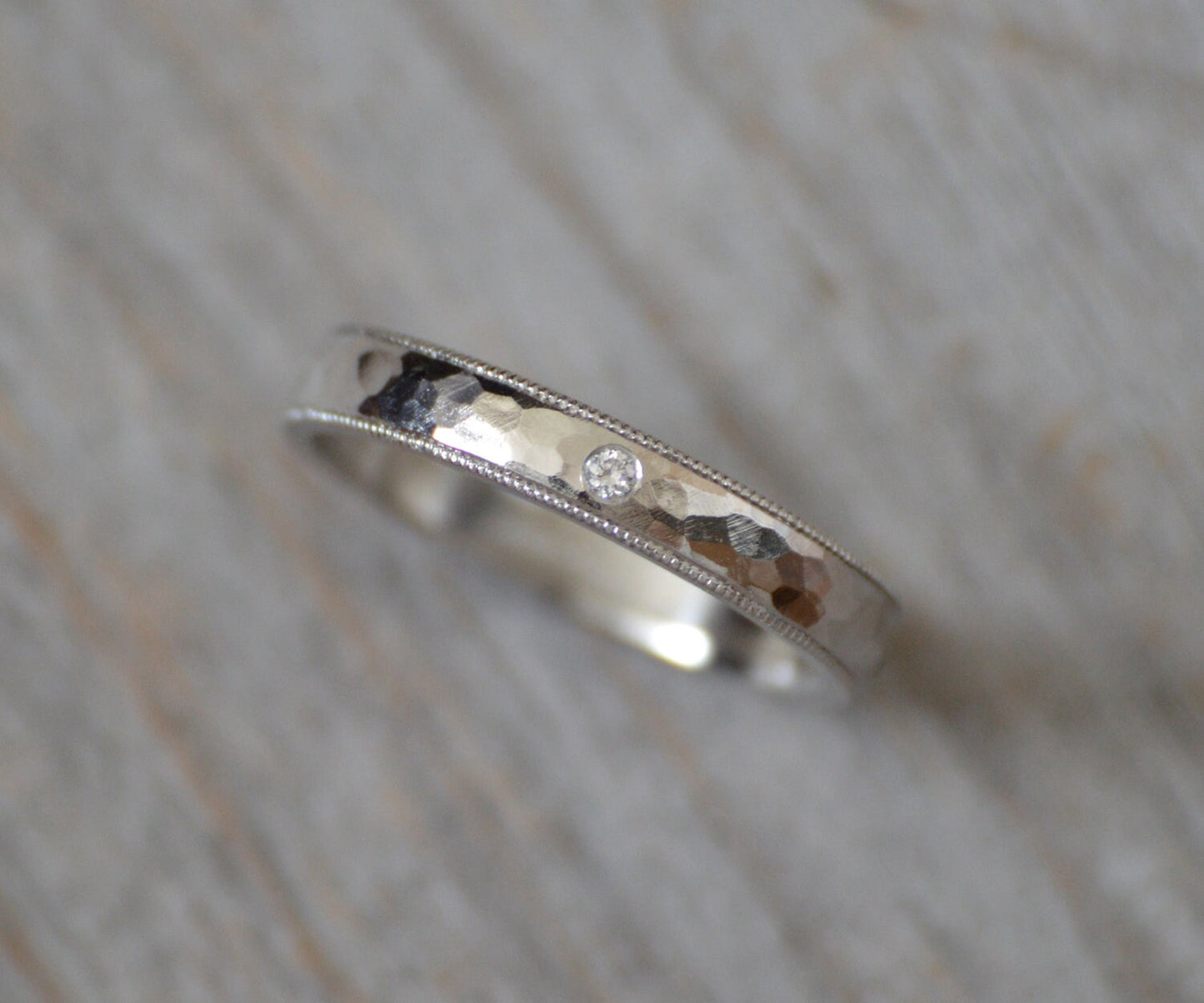 Platinum Milgrain Wedding Band With A Diamond, Milgrain Platinum Wedding Ring With Diamond, Rustic Wedding Band, Made To Order, 3mm Ring