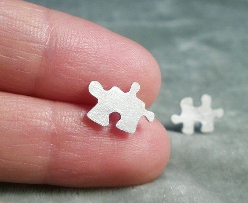 Jigsaw Puzzle Stud Earrings in Sterling Silver, Silver Puzzle Ear Posts