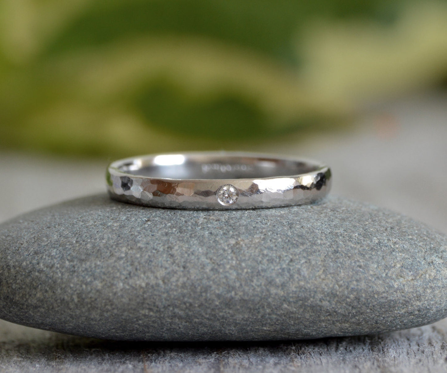 Hammered Effect Platinum Wedding Band with A Diamond, Platinum Wedding Ring With Diamond, Rustic Wedding Band, Made To Order
