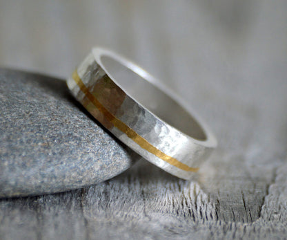 Hammered Effect Wedding Band with 24K Gold Inlay, Rustic Wedding Band with 24K Gold Inlay, 5mm Wedding Ring