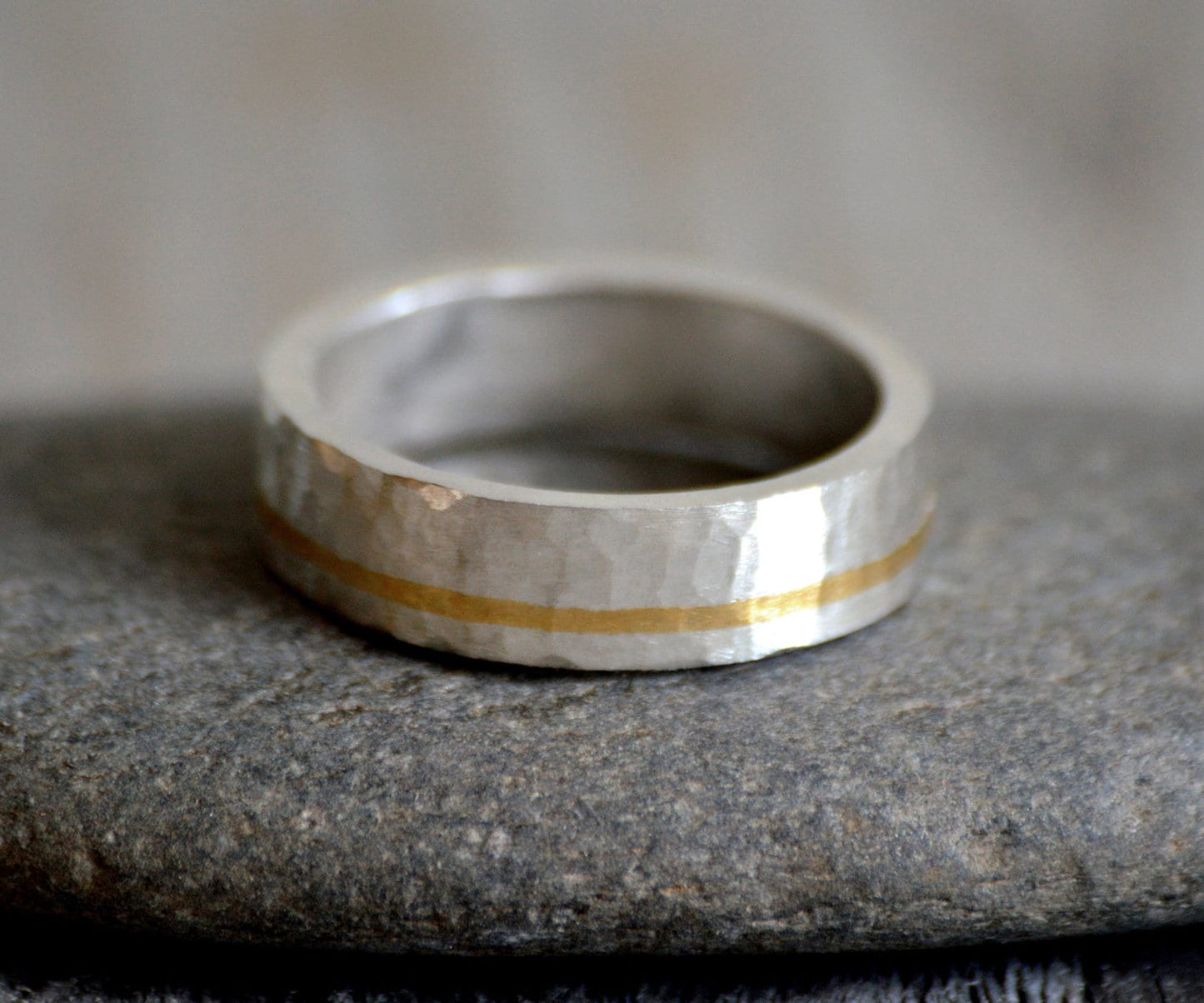 Hammered Effect Wedding Band with 24K Gold Inlay, Rustic Wedding Band with 24K Gold Inlay, 5mm Wedding Ring