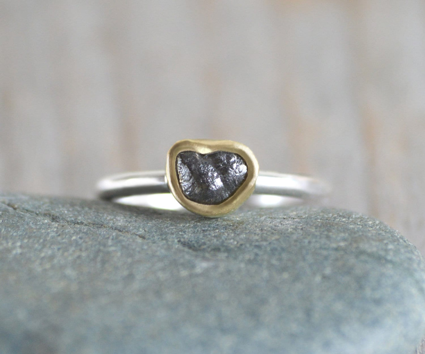 Black Diamond Engagement Ring in 18ct Yellow Gold and Sterling Silver, 2 Tone Diamond Ring