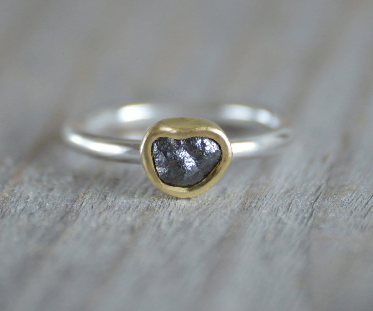 Black Diamond Engagement Ring in 18ct Yellow Gold and Sterling Silver, 2 Tone Diamond Ring
