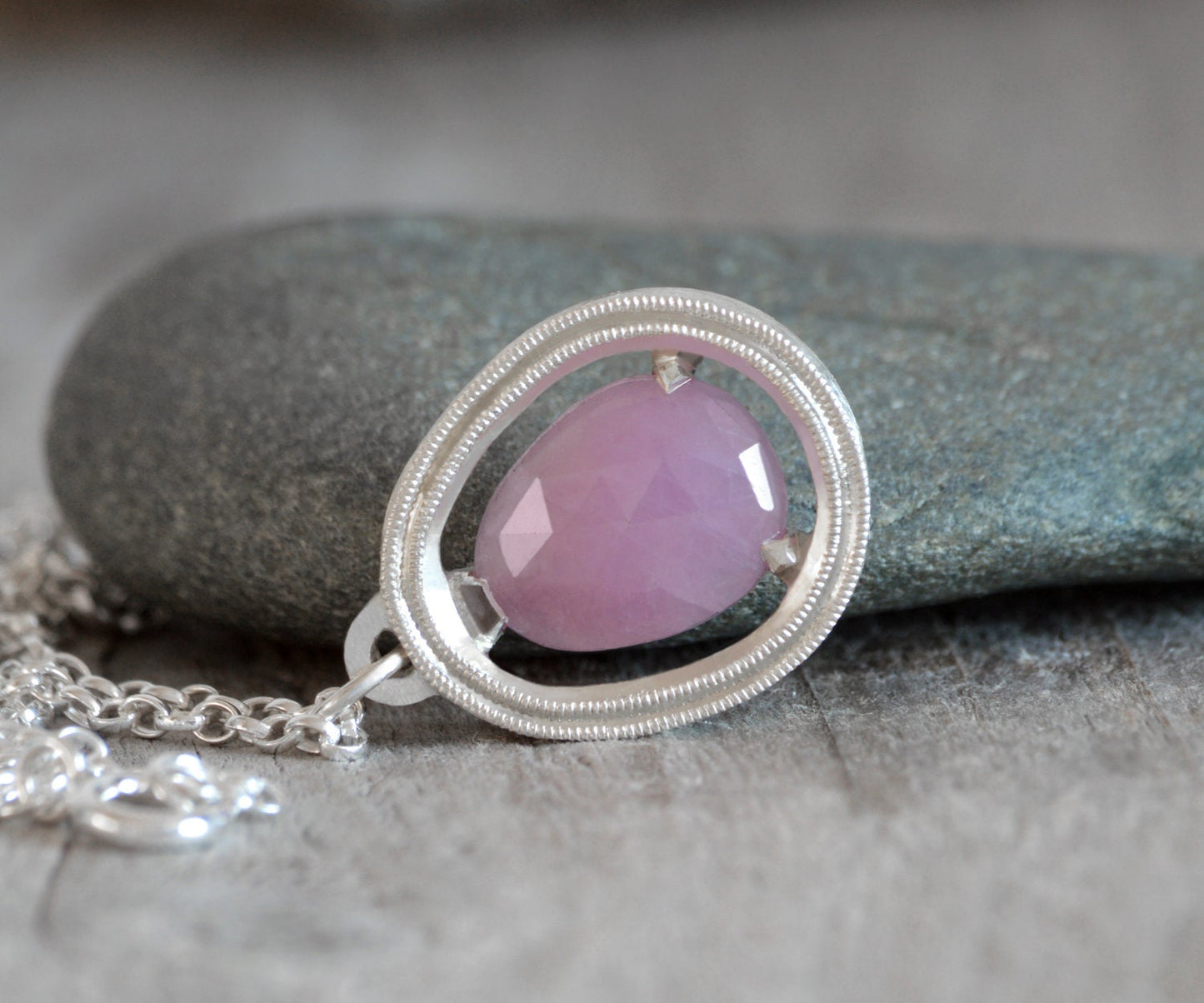 Pink Sapphire Necklace in Sterling Silver, Large Sapphire Necklace