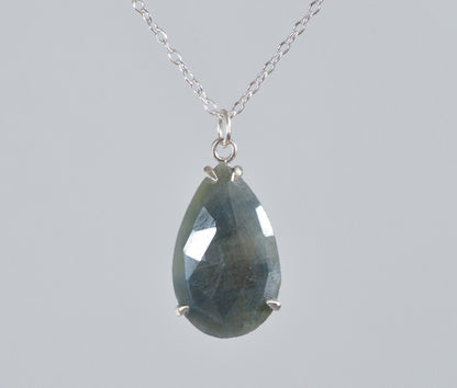 Teardrop Sapphire Necklace in Sterling Silver, Prong Set Sapphire Necklace, 6.9ct Sapphire Necklace