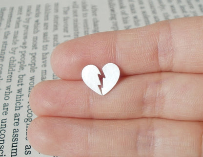 Broken Heart Stud Earrings in Sterling Silver, Heart Shape Ear Posts