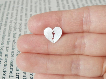 Broken Heart Stud Earrings in Sterling Silver, Heart Shape Ear Posts