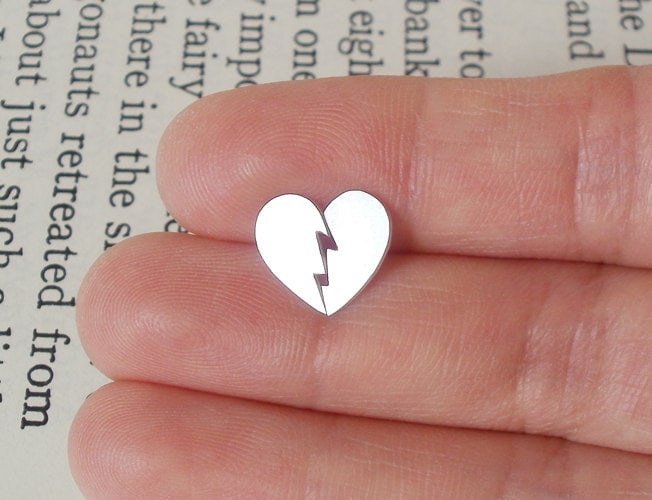 Broken Heart Stud Earrings in Sterling Silver, Heart Shape Ear Posts