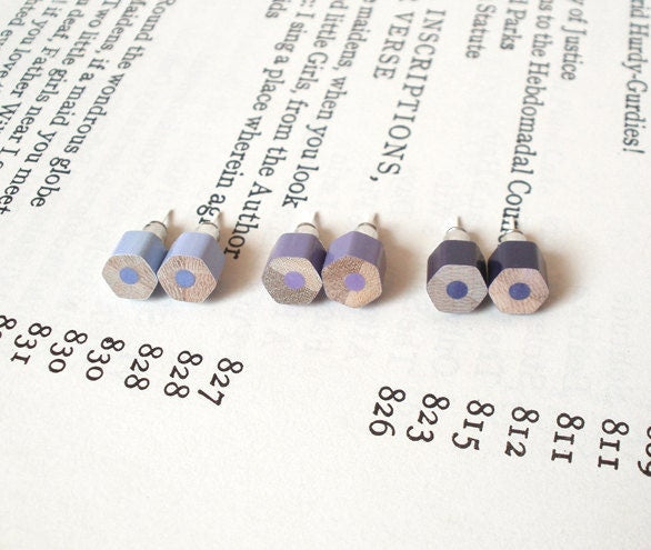 Colour Pencil Stud Earrings, Hexagon Pencil Ear Posts, Purple Pencil Earrings