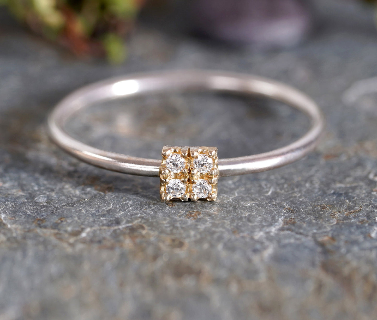 4 Diamonds Engagement Ring, Pave Diamond Engagement Ring, Square Diamond Ring, Mixed Metal Diamond Ring