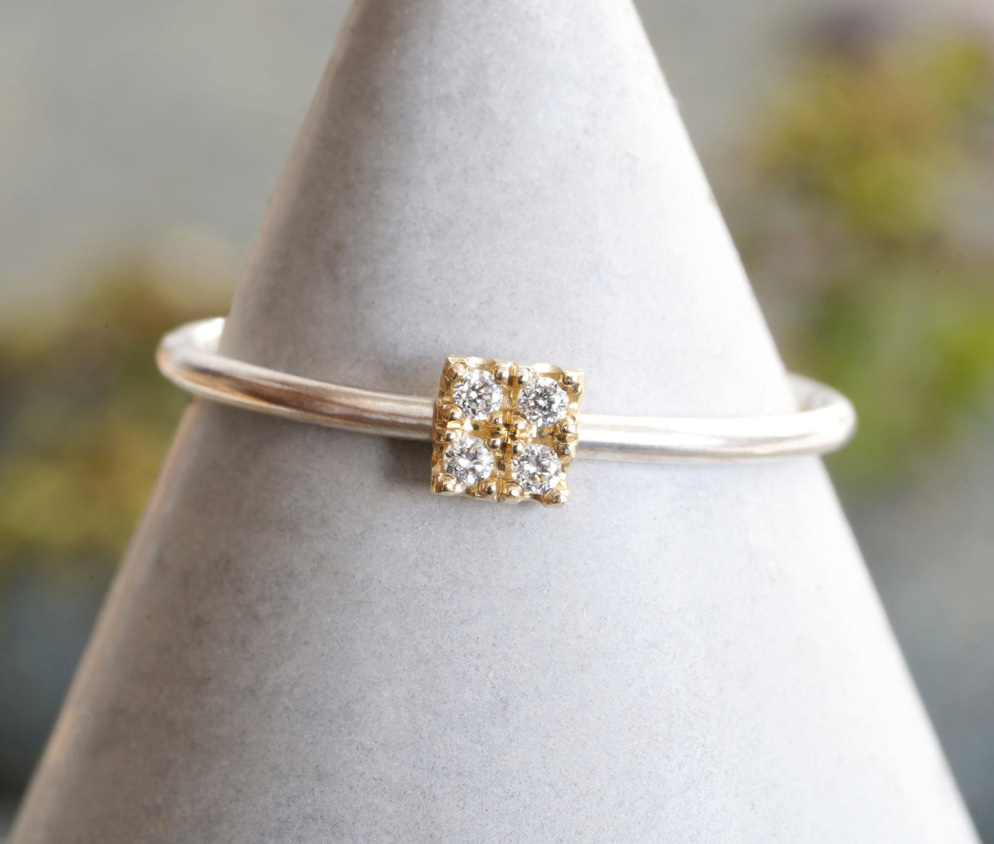 4 Diamonds Engagement Ring, Pave Diamond Engagement Ring, Square Diamond Ring, Mixed Metal Diamond Ring