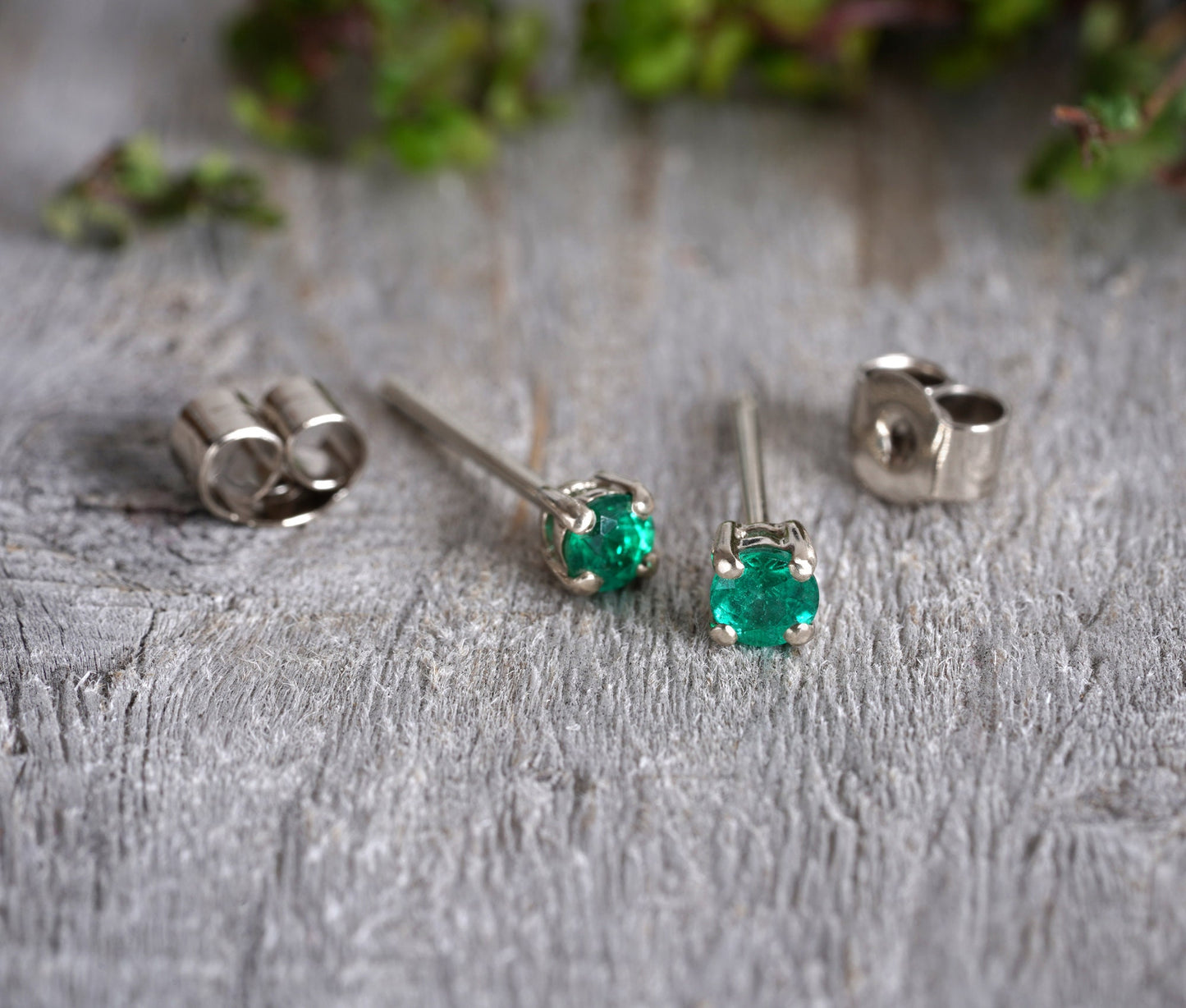 Emerald Stud Earrings in 18ct White Gold, Small Emerald Ear Posts