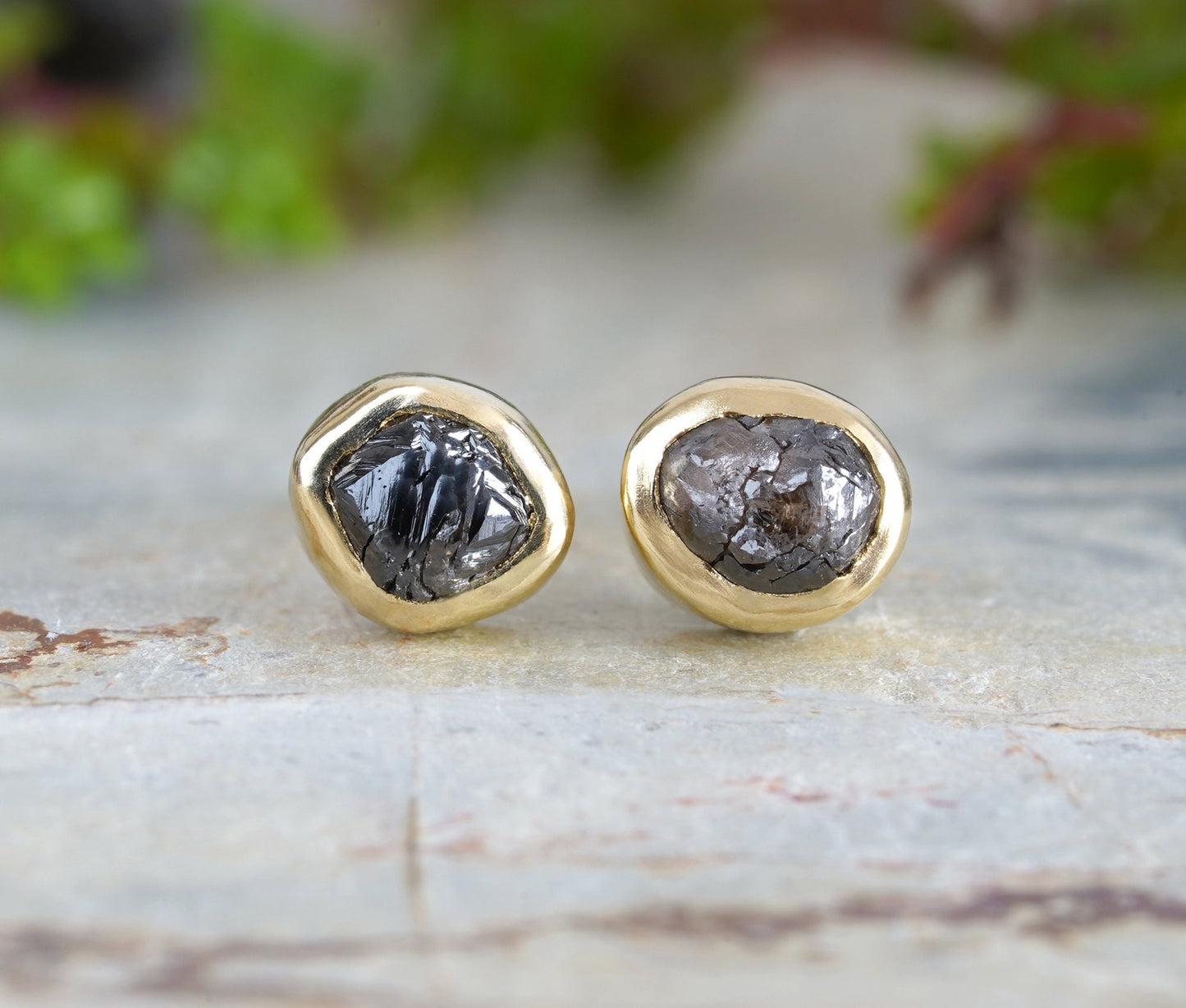 Rough Black Diamond Stud Earrings in 18ct Yellow Gold, Total 1.0ct Diamonds, Natural Black Diamond Ear Studs