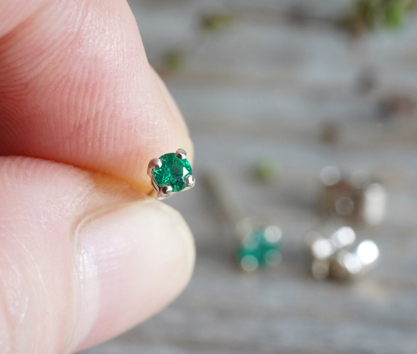 Emerald Stud Earrings in 18ct White Gold, Small Emerald Ear Posts