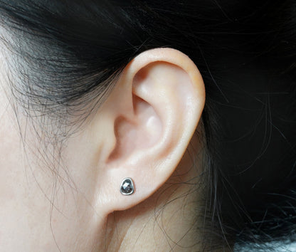 Natural Black Diamond Stud Earrings in 18ct White Gold, 0.85ct Rost Cut Diamond Ear Studs