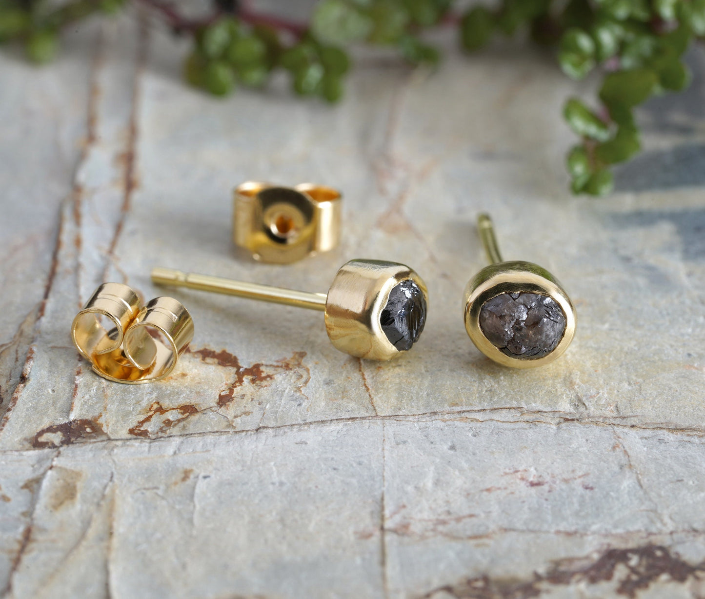 Rough Black Diamond Stud Earrings in 18ct Yellow Gold, Total 1.0ct Diamonds, Natural Black Diamond Ear Studs