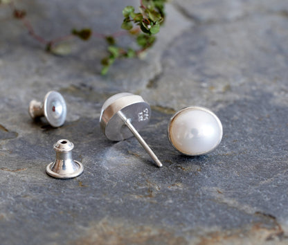Freshwater Pearl Stud Earrings Set in Sterling Silver, Bridal Ear Posts