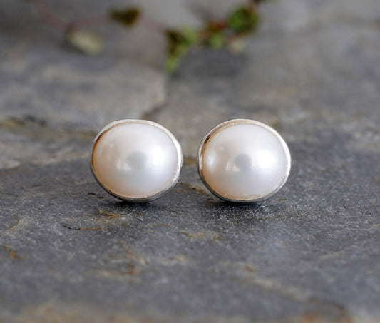 Freshwater Pearl Stud Earrings Set in Sterling Silver, Bridal Ear Posts