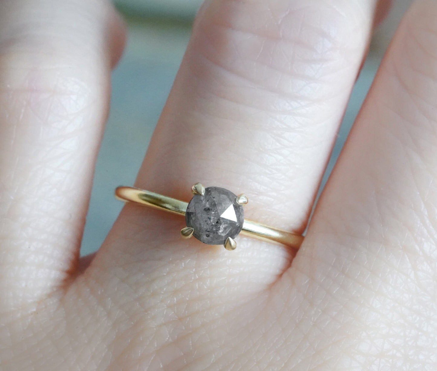French Grey Diamond Ring in 18ct Yellow Gold, Rustic Diamond Ring
