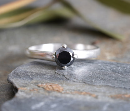 5mm Black Diamond Engagement Ring, Round Diamond Solitaire Ring, Prong Set Diamond Ring