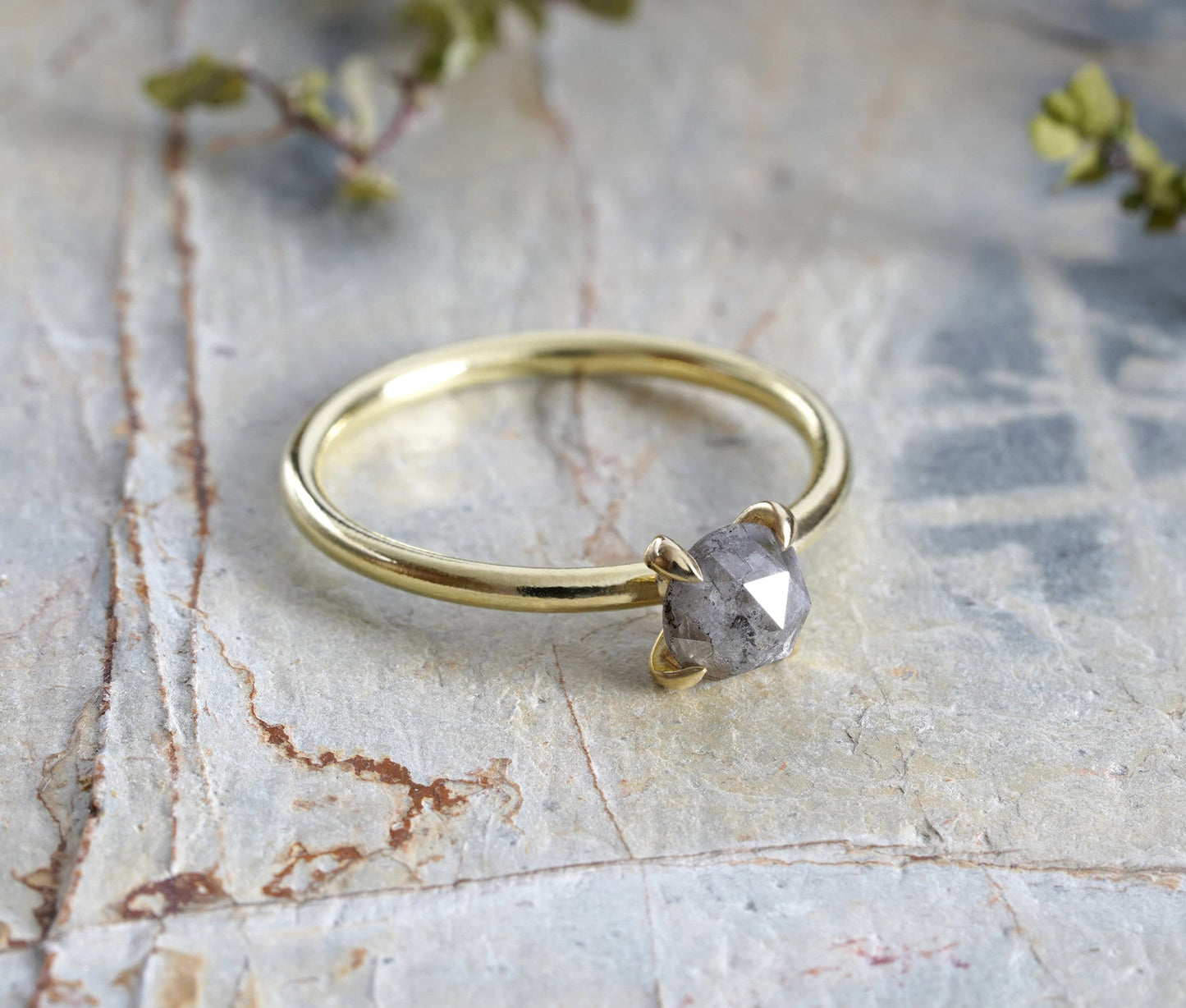 French Grey Diamond Ring in 18ct Yellow Gold, Rustic Diamond Ring