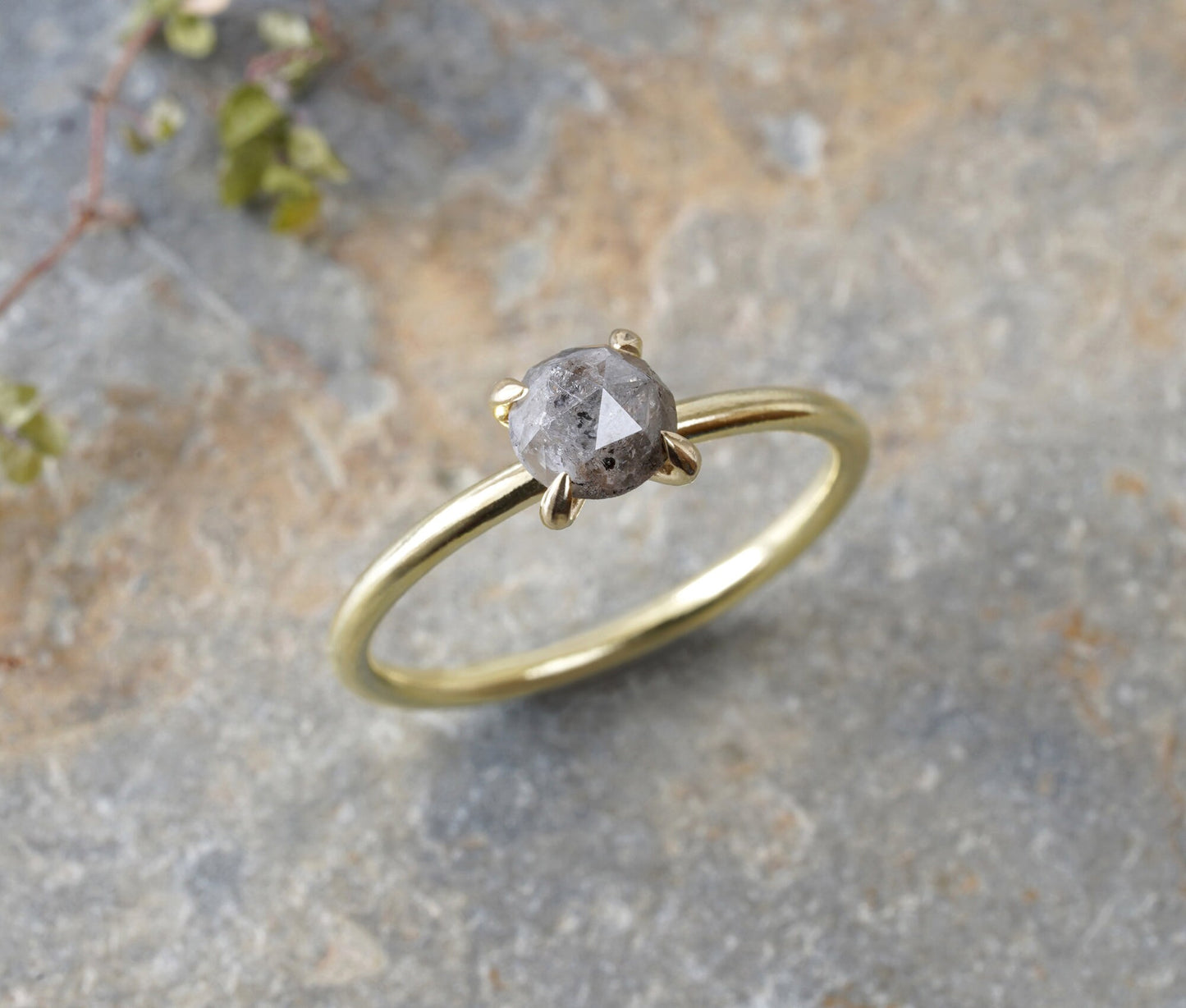 French Grey Diamond Ring in 18ct Yellow Gold, Rustic Diamond Ring