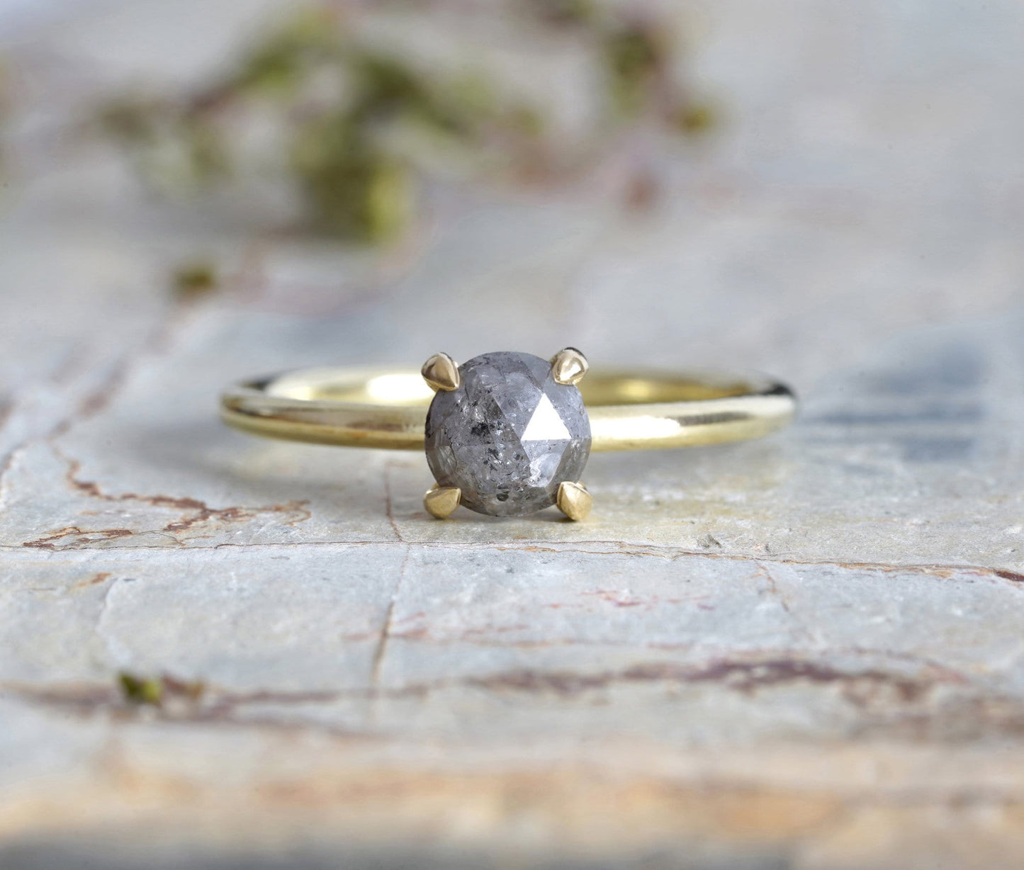 French Grey Diamond Ring in 18ct Yellow Gold, Rustic Diamond Ring