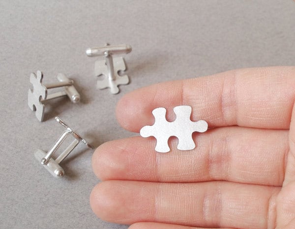 Jigsaw Puzzle Cufflinks in Sterling Silver, Jigsaw Puzzle Cufflinks with Personalized Message