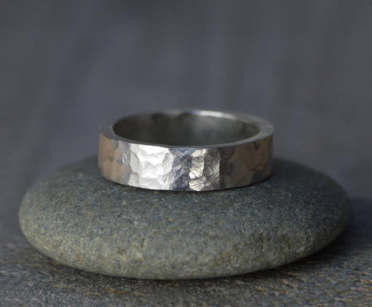 Hammered Effect Wedding Band, Sterling Silver Wedding Ring, Personalized Wedding Band, 5.5mm Wide Rustic Wedding Ring