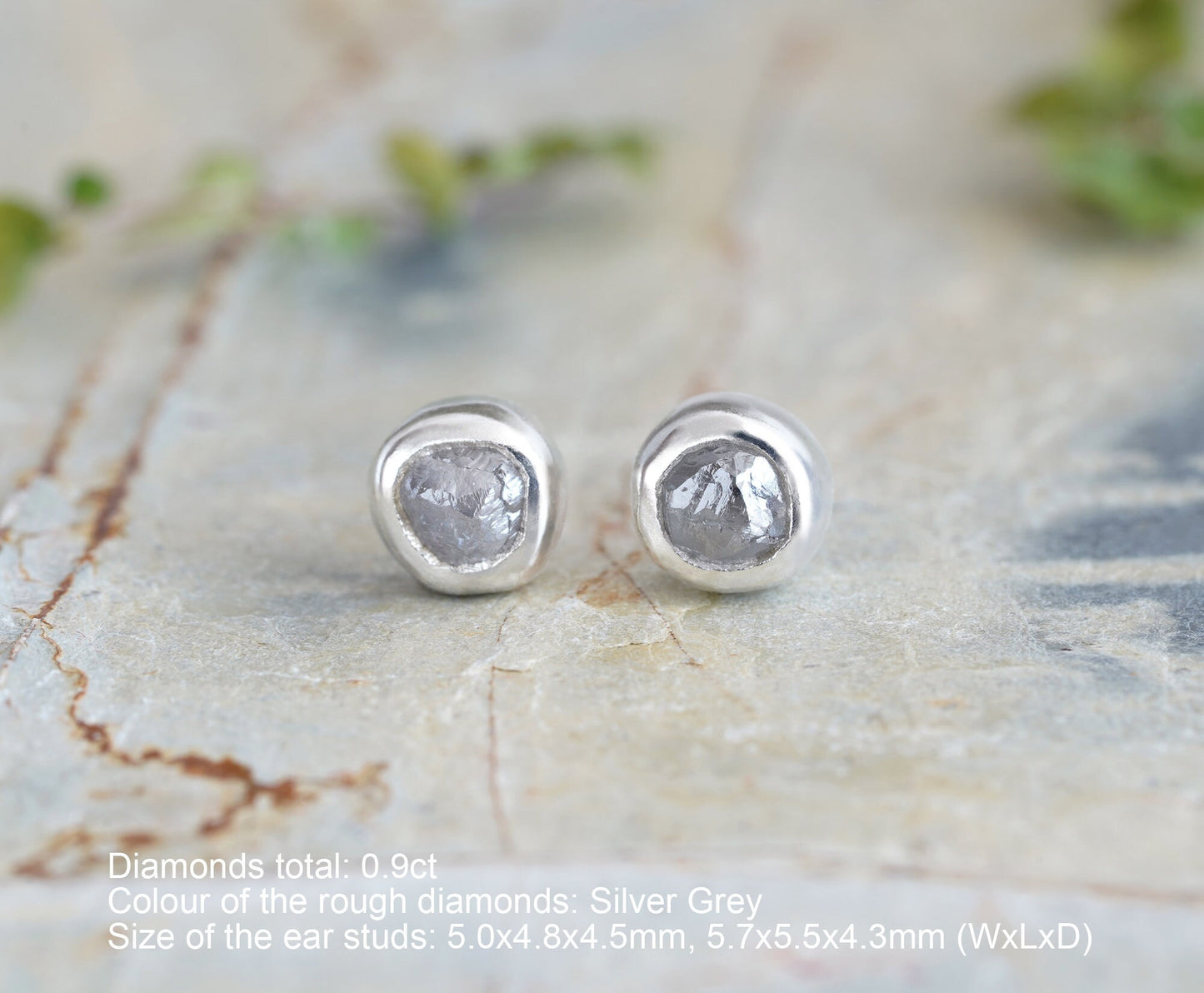 Rough Diamond Stud Earrings, Natural Silver Grey Diamond Studs, 0.9ct Diamond Ear Posts