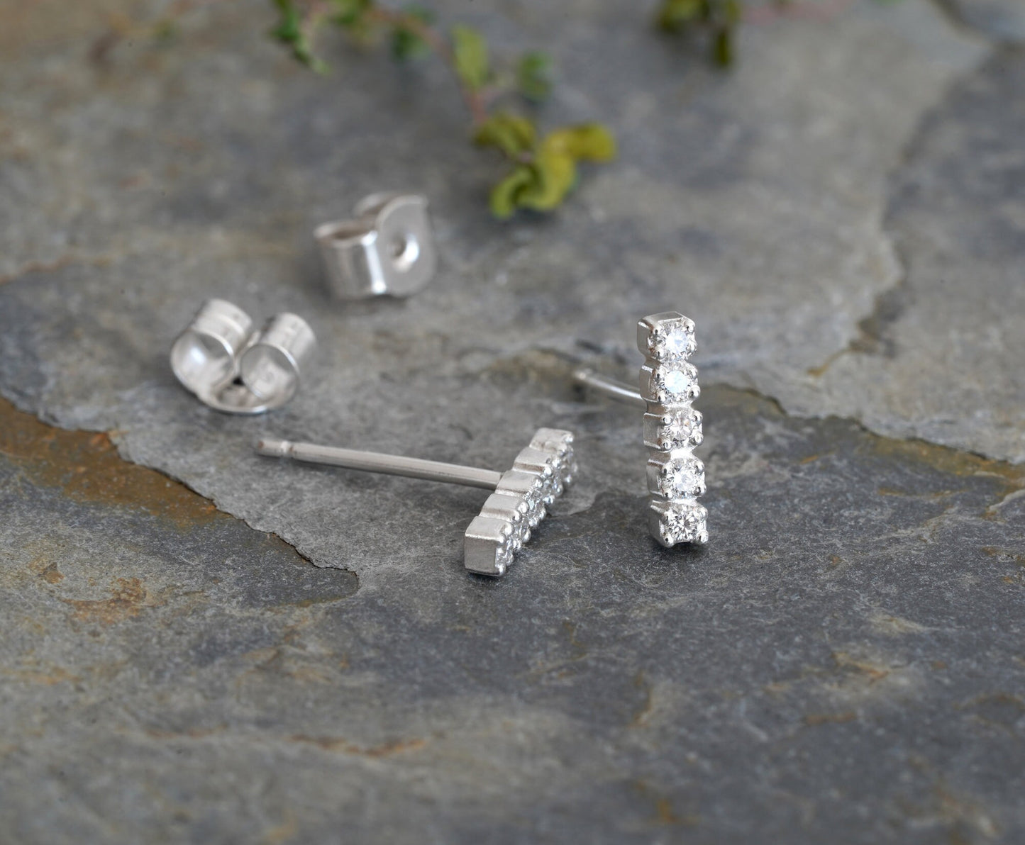 Diamond Bar Stud Earrings, Pave Diamond Stud Earrings