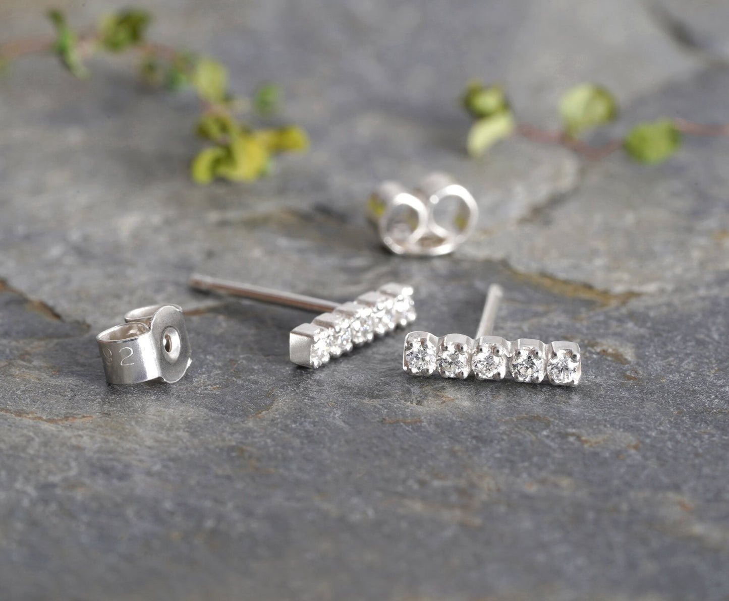 Diamond Bar Stud Earrings, Pave Diamond Stud Earrings