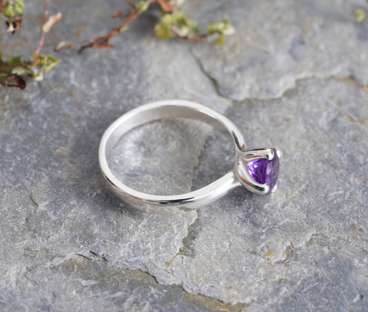 6mm Amethyst Ring in Sterling Silver, Amethyst Solitaire Ring, February Birthstone Ring, UK size L (US size 5.75)