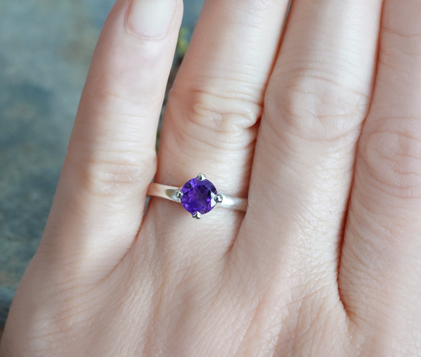 6mm Amethyst Ring in Sterling Silver, Amethyst Solitaire Ring, February Birthstone Ring, UK size L (US size 5.75)