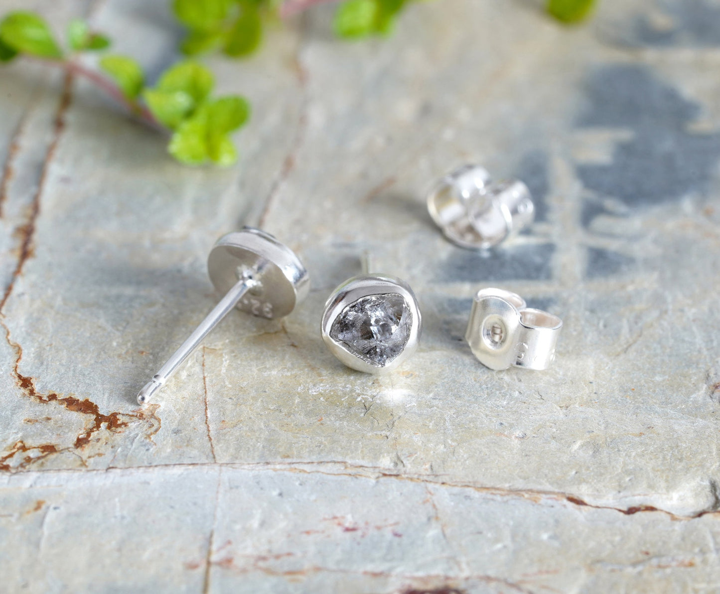 Rough Diamond Stud Earrings, Natural Grey Diamond Studs, Total 0.90ct Diamonds