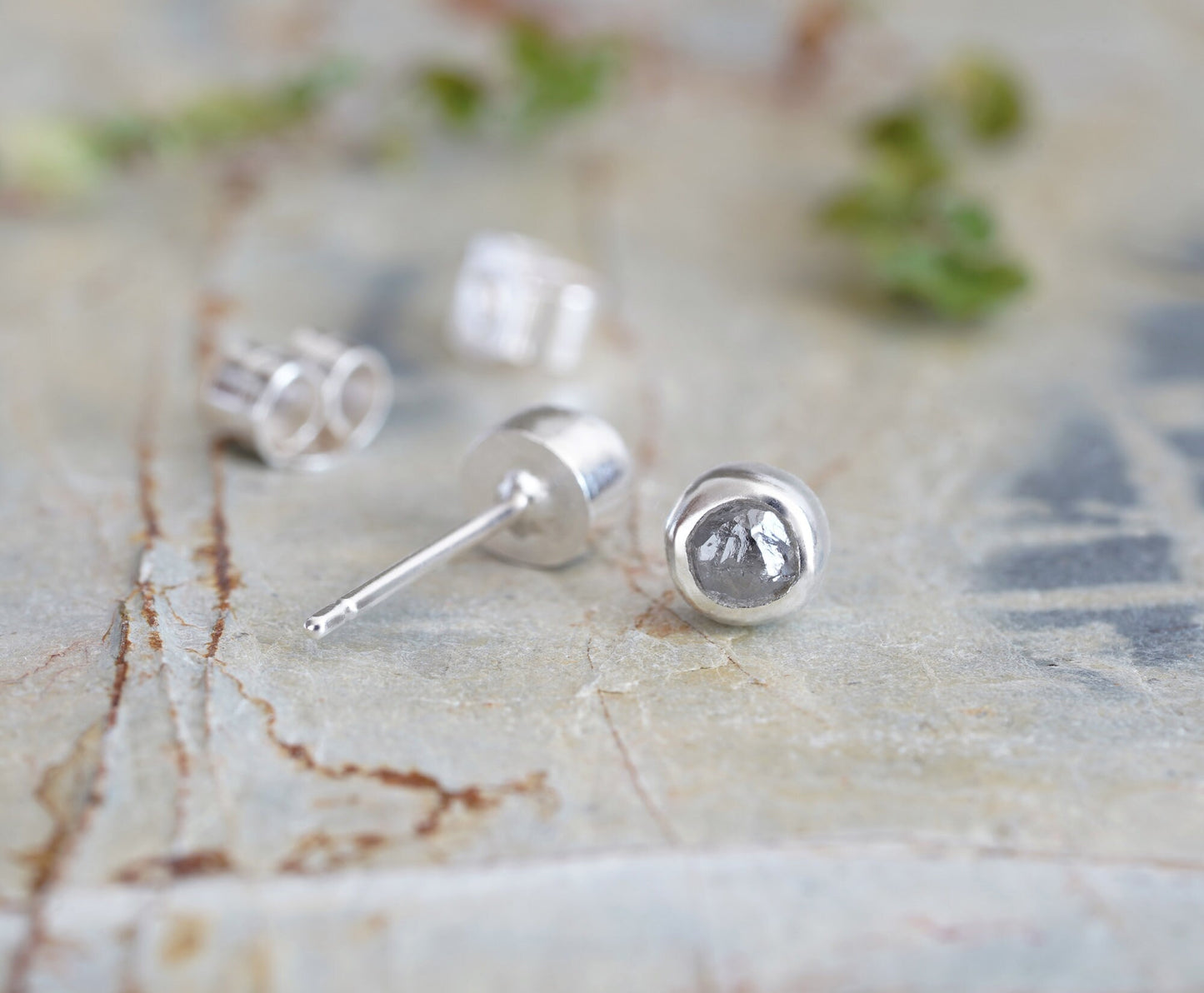 Rough Diamond Stud Earrings, Natural Silver Grey Diamond Studs, 0.9ct Diamond Ear Posts