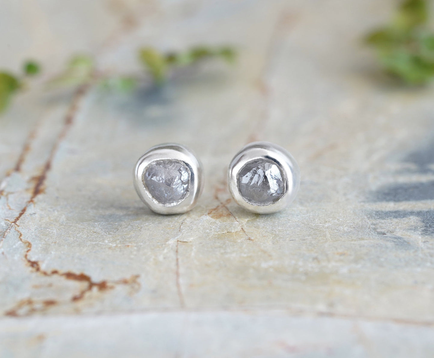 Rough Diamond Stud Earrings, Natural Silver Grey Diamond Studs, 0.9ct Diamond Ear Posts