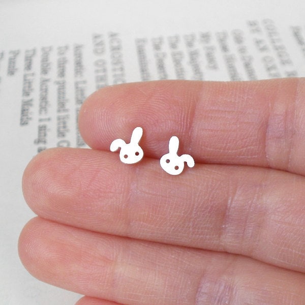 Bunny Stud Earrings with Floppy Ear, Silver Rabbit Ear Posts