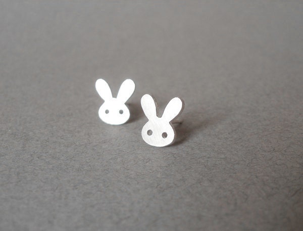 Bunny Stud Earrings with Straight Ears, Silver Rabbit Ear Posts