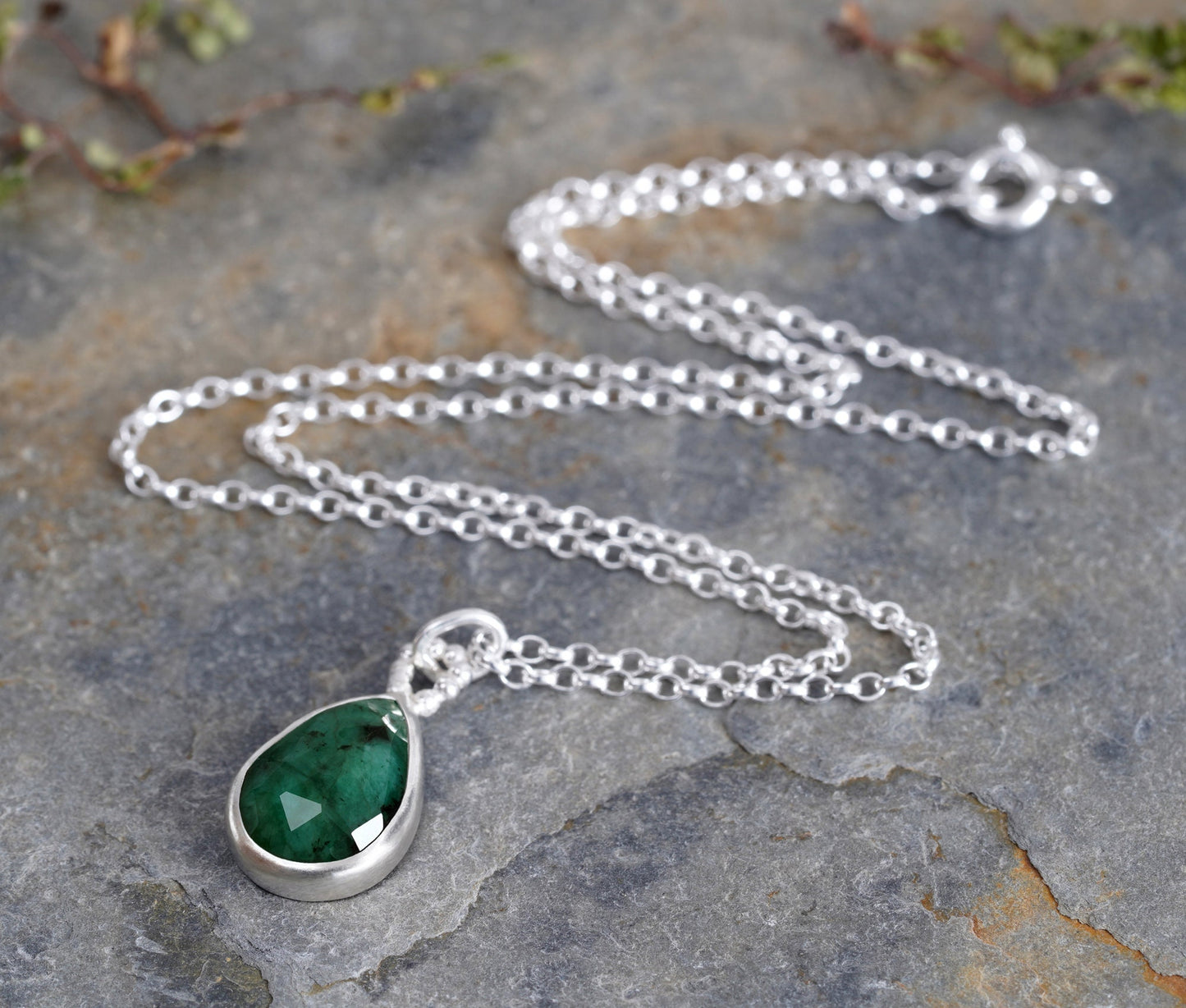 Rose Cut Emerald Necklace, Raindrop Emerald Necklace, May Birthstone Necklace