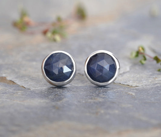 Sapphire Stud Earrings in Midnight Blue, 9mm Sapphire Ear Posts, Rose Cut Sapphire Earrings