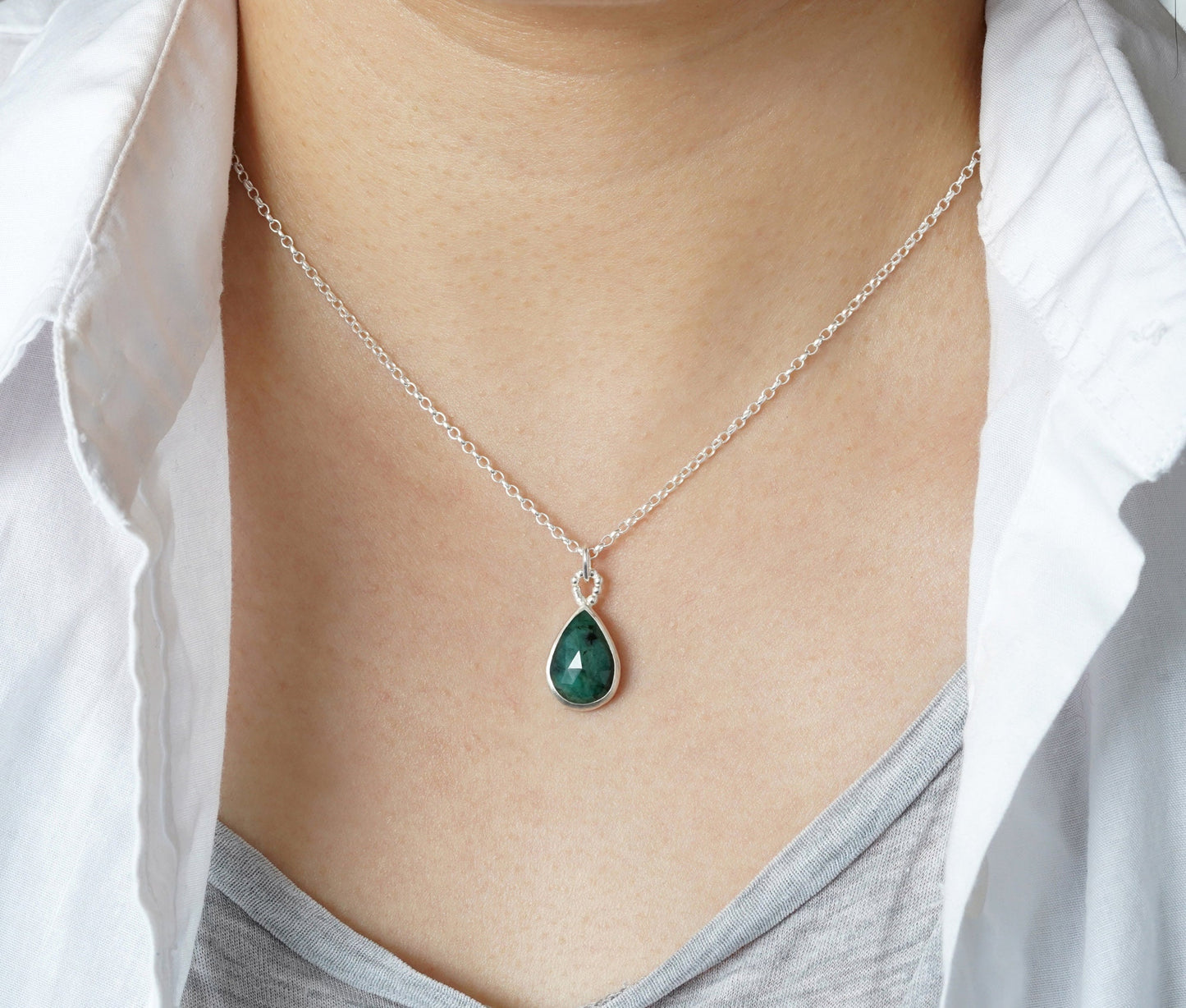 Rose Cut Emerald Necklace, Raindrop Emerald Necklace, May Birthstone Necklace