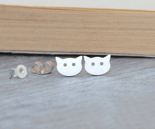 Cat Stud Earrings in Sterling Silver, Silver Kitten Ear Studs